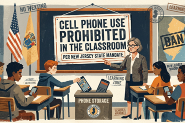 Classroom sign reading “Cell Phone Use Prohibited in the Classroom” under New Jersey state mandate