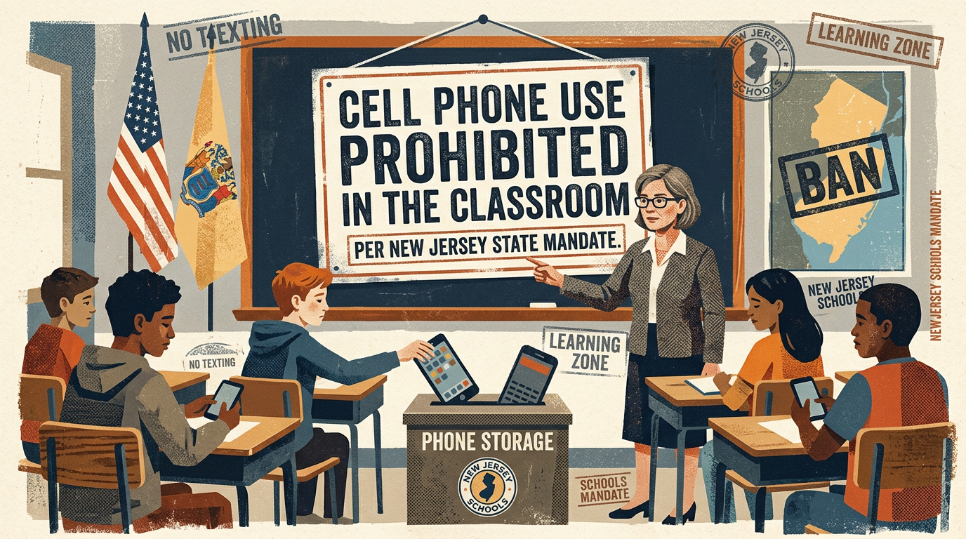 Classroom sign reading “Cell Phone Use Prohibited in the Classroom” under New Jersey state mandate